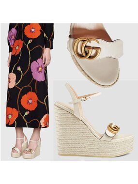 GUCCI SHOES ANITA DOUBLE G LOGO WHITE LEATHER PLATFORM SANDALS sz 42 US 12